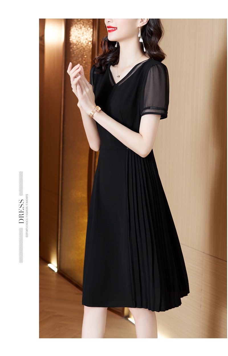 黑色连衣裙女夏收腰雪纺v领2022新款气质中长款短袖宽松藏肉裙子 - 17