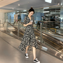 2021 summer Chiffon long dress children French thin gentle wind V-neck black small daisy high waist floral dress