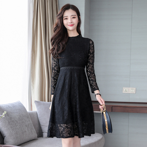 Lace spring autumn new long sleeve ladies temperament mid long skirt