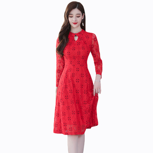 Autumn 2020 new elegant temperament slim slim medium long sleeve lace dress