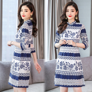 Autumn 2020 new fashionable temperament printed lace improved cheongsam dress