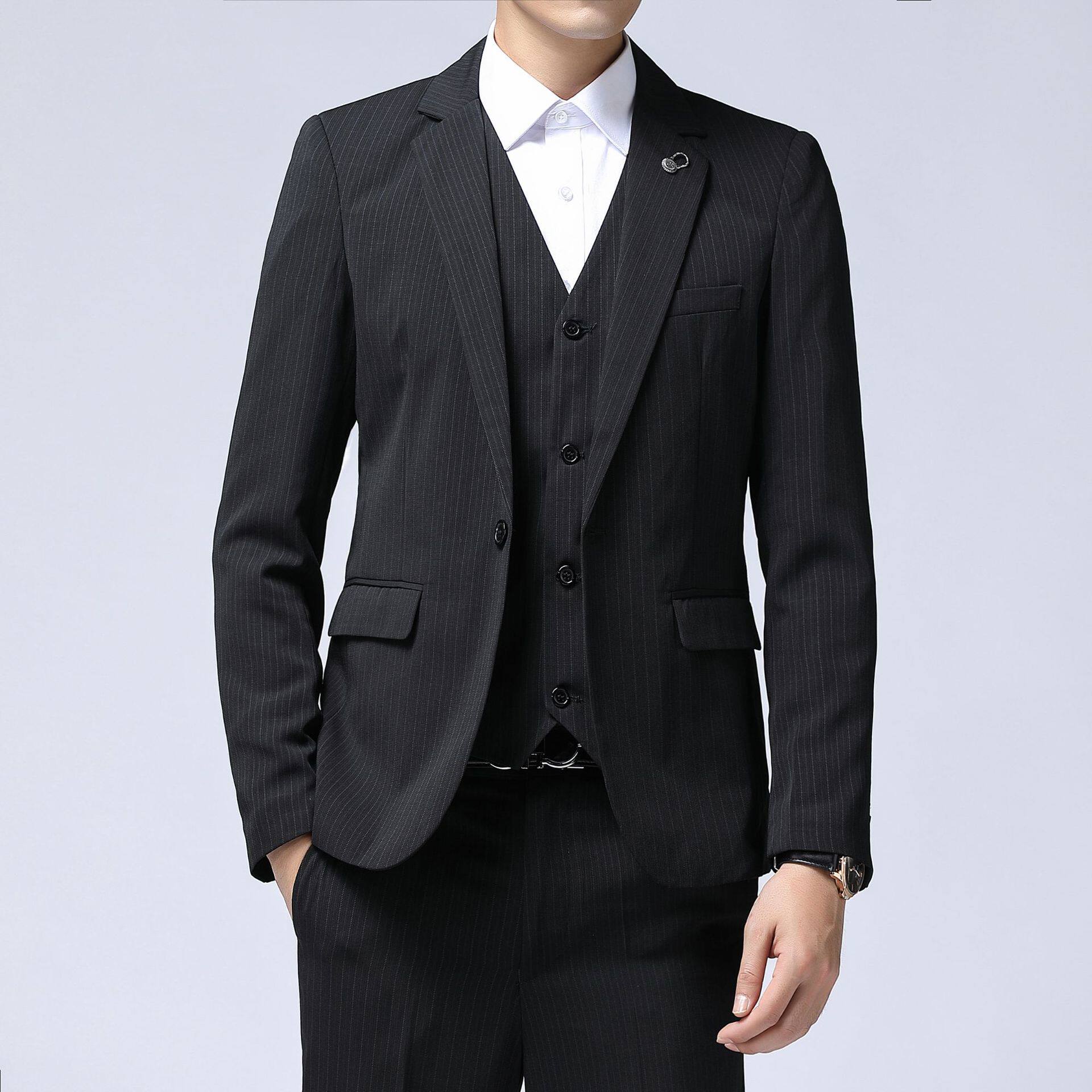 2020新款男商务修身条纹西服套装职业正装宴会礼服三件套xf13p185-四