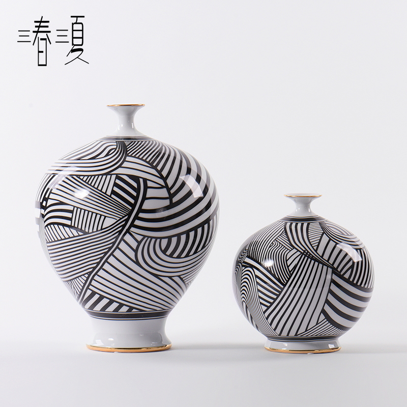 New Chinese style black stripes round ceramic pot - bellied flower pot furnishing articles contracted and I sitting room porch decoration vase