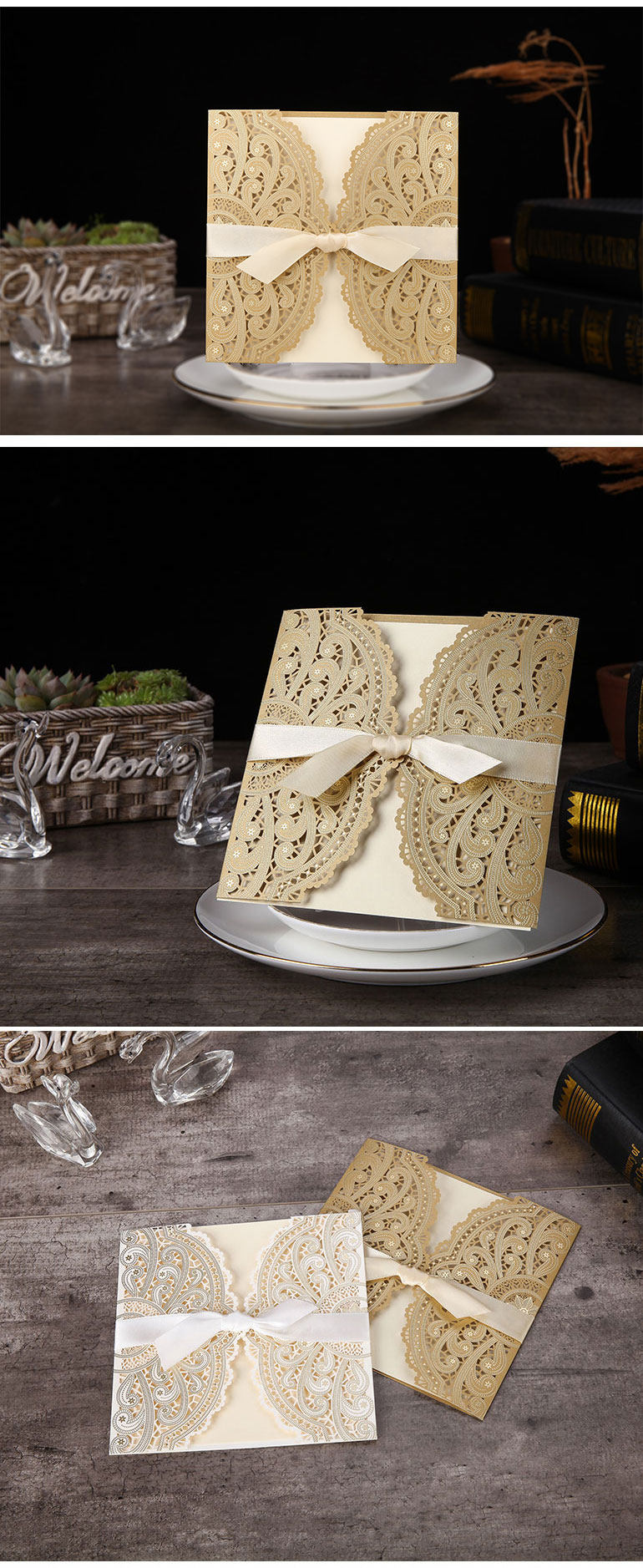 请柬制创意邀请函简约复古丝带韩版烫金镂空全套请帖ins风