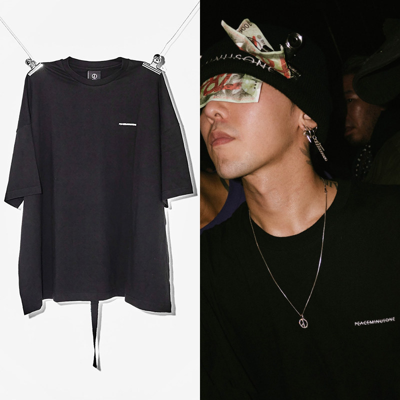 权志龙peaceminusone黑白百搭宽松超大oversize织带短袖gdt恤上衣_4