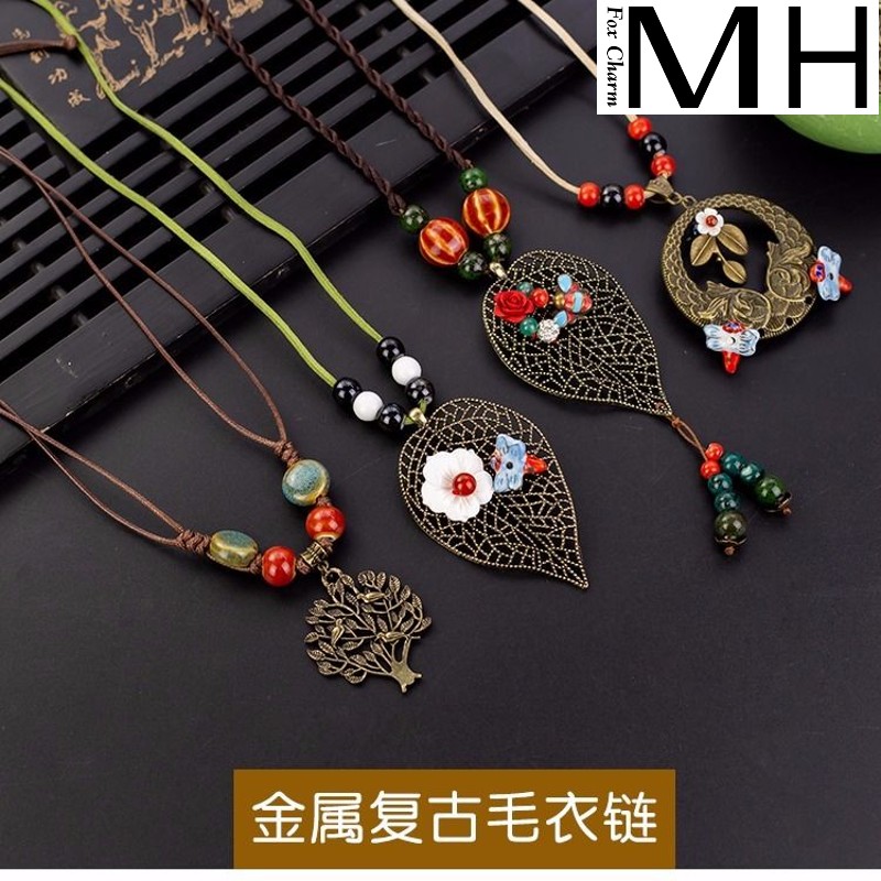 Spirit 's fox checking folk ceramic joker retro long sweater chain accessories necklace pendant jewelry