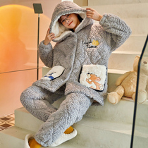 Pajamas Ladys House Conserved Autumn Winter Winter Style 3-3 laminated cotton padded jacket Coral Flannel Velvet Flannel Flannel thickened warm