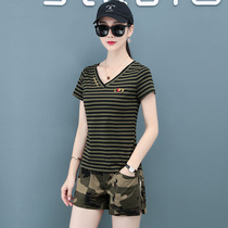 Camouflage shorts set womens new 2021 summer outdoor casual two-piece short sleeve V-neck T-shirt military fans tide
