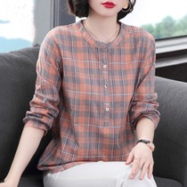 Spring and Autumn new cotton plaid ladies shirt female middle-aged mother foreign style long sleeve cotton shirt autumn shirt Cotton