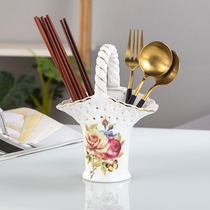 New ceramic tableware spoon blue chopstick cage Chopstick tube knife and fork holder Candy snack dish cage fork flower blue