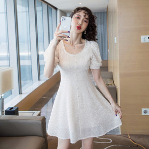 New style heavy industry Chiffon bubble sleeve pearl collar Japanese and Korean style dress