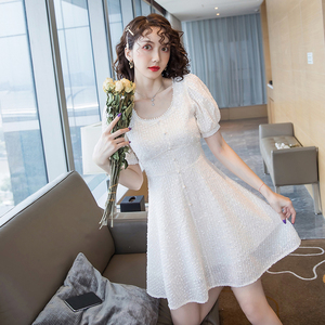 New style heavy industry Chiffon bubble sleeve pearl collar Japanese and Korean style dress