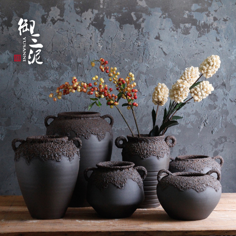 Thick black terms ceramic dry flower pot some ceramic porcelain craft vase of jingdezhen ceramic mud retro floral flower arranging furnishing articles