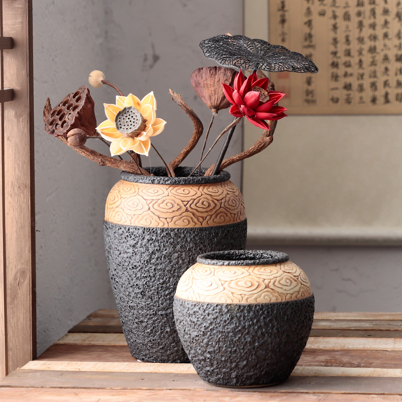 Jingdezhen checking coarse pottery xiangyun Chinese style of black pottery machine dry flower hydroponic flower pot furnishing articles pottery crispy noodles