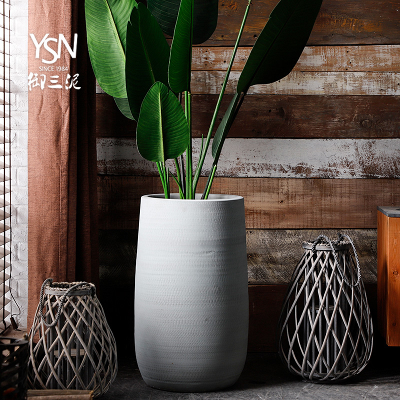 Ceramic green plant hydroponic indoor plant decoration large caliber cylinder Nordic flowerpot I and contracted vase imitation cement color