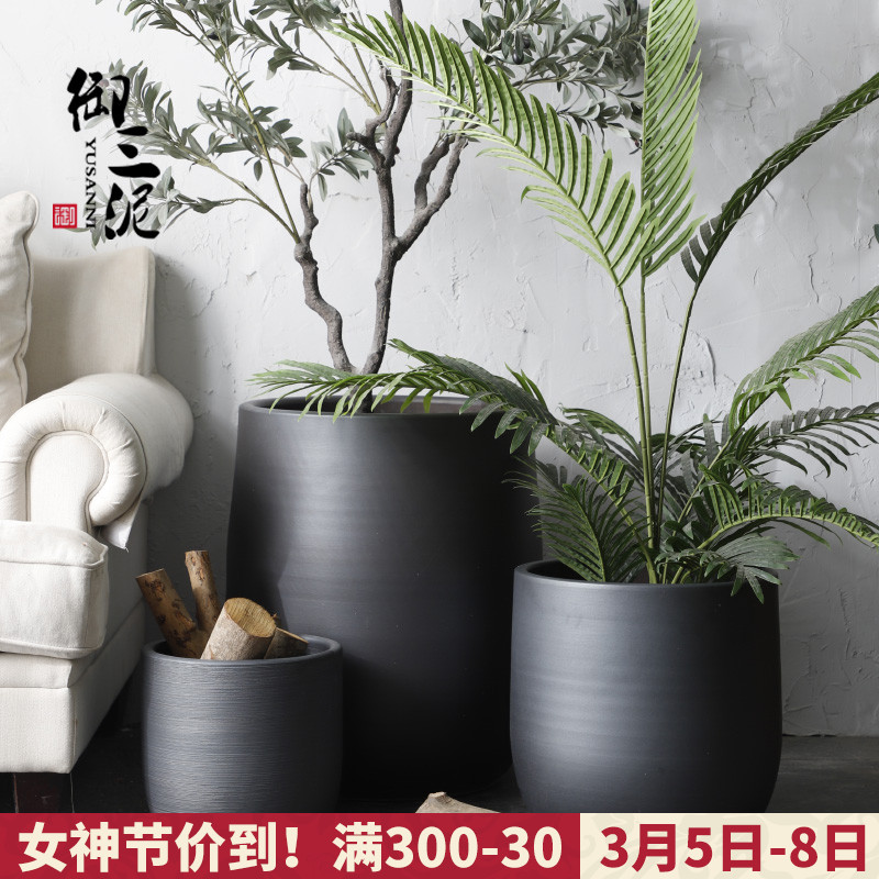 Green plant in northern black ceramic vase flowerpot I and contracted indoor plant decoration cylinder hydroponic POTS of large diameter