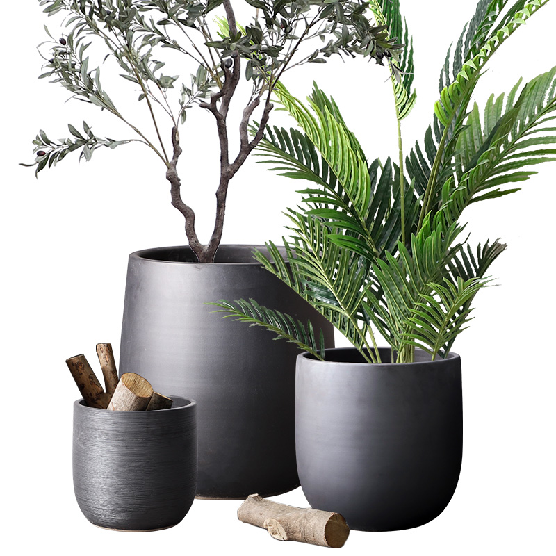 Green plant in northern black ceramic vase flowerpot I and contracted indoor plant decoration cylinder hydroponic POTS of large diameter