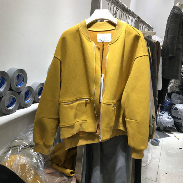 mocha正品2017韩国秋装新款纯色百搭双口袋短款开衫外套棒球服女_7折