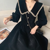 Herbenwind Small Black Dress Big Code Womens Dress 2022 Spring Banquet Small Gown Small Doll Neckline Velvet Dress