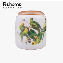 Meike Meijia rehome ceramic storage jar ornaments living room decoration paulownia wood cover parrot pattern ceramic jar ornaments