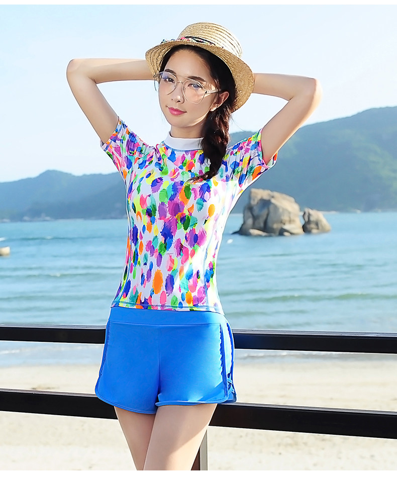泳衣女分体平角裤保守短袖遮肚显瘦休闲运动款韩国性感温泉游泳衣
