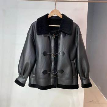 Nalanxun NO Return Shipping Fee Self-Care Black Horn Button Protein Leather 100% Lamb Fur Jacket ສໍາລັບແມ່ຍິງ