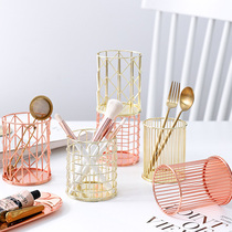 Nordic style light luxury Golden Iron Pen Holder office supplies desktop decoration makeup brush barrel storage box decoration