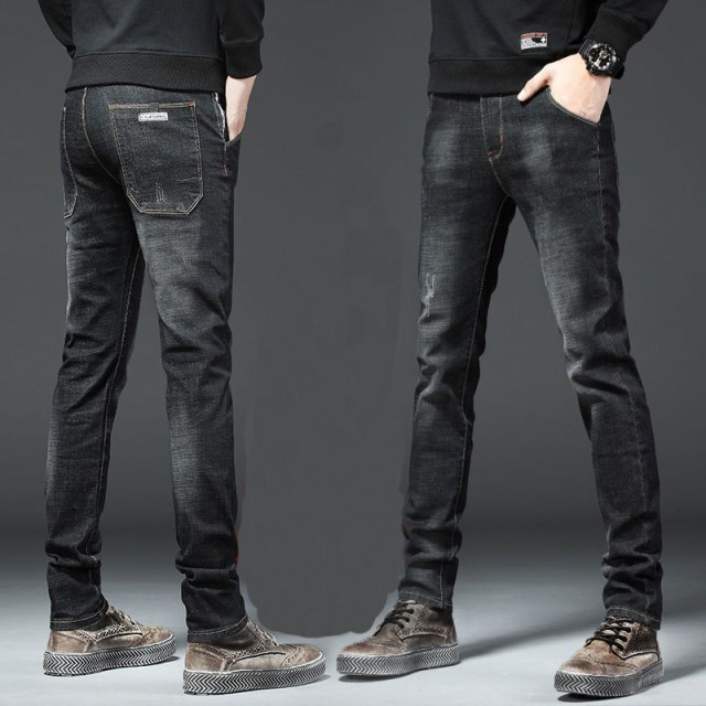 Jeans men's elastic Korean version of the tight-fitting small foot straight boys pants student trend winter plus velvet thickening Jeans men's elastic Korean version of the tight-fitting small foot straight boys pants student trend winter plus velvet thickening