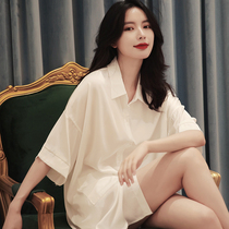 White Sleeping Dress Woman 2022 New Spring Autumn Slim Fit Ice Silk Shirt Home Dress Feminine Boyfriend Wind Pyjamas
