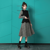 Floral long-sleeved dress womens spring and autumn inside the 2021 new womens sweater two-piece set of medium-length chiffon skirt