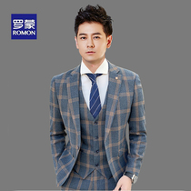 Romon mens suit suit wedding gown three sets Korean version of retro plaid business casual suit man