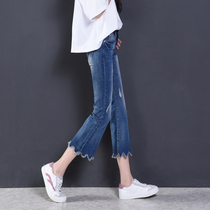Jeans womens Capri pants 2021 spring and summer Korean version of the high waist Horn cut broken slim 7-point pants
