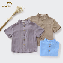 Ai Ke Huo childrens T-shirt shirt mens short sleeve cardigan cotton and linen Boy Summer half sleeve shirt thin Korean version tide