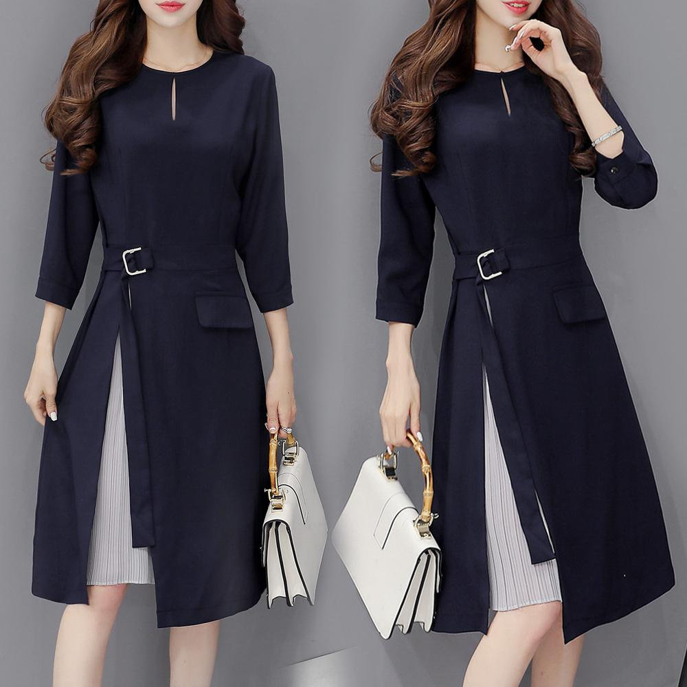 春装2017新款女装韩版修身连衣裙女中长款雪纺裙子百搭a字裙