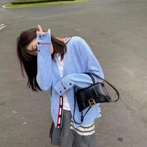 TB Thom2021tb Korean four-bar V-collar single-breasted double pocket casual foreign-color knitwear