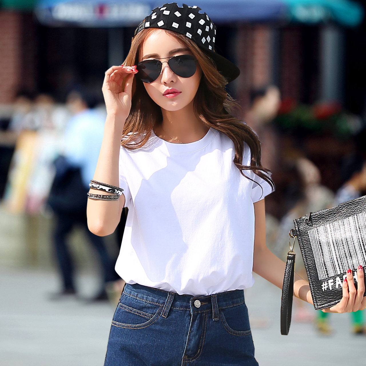 纯色棉短袖t恤女宽松韩版半袖夏装糖果色上衣百搭t恤个性时尚潮