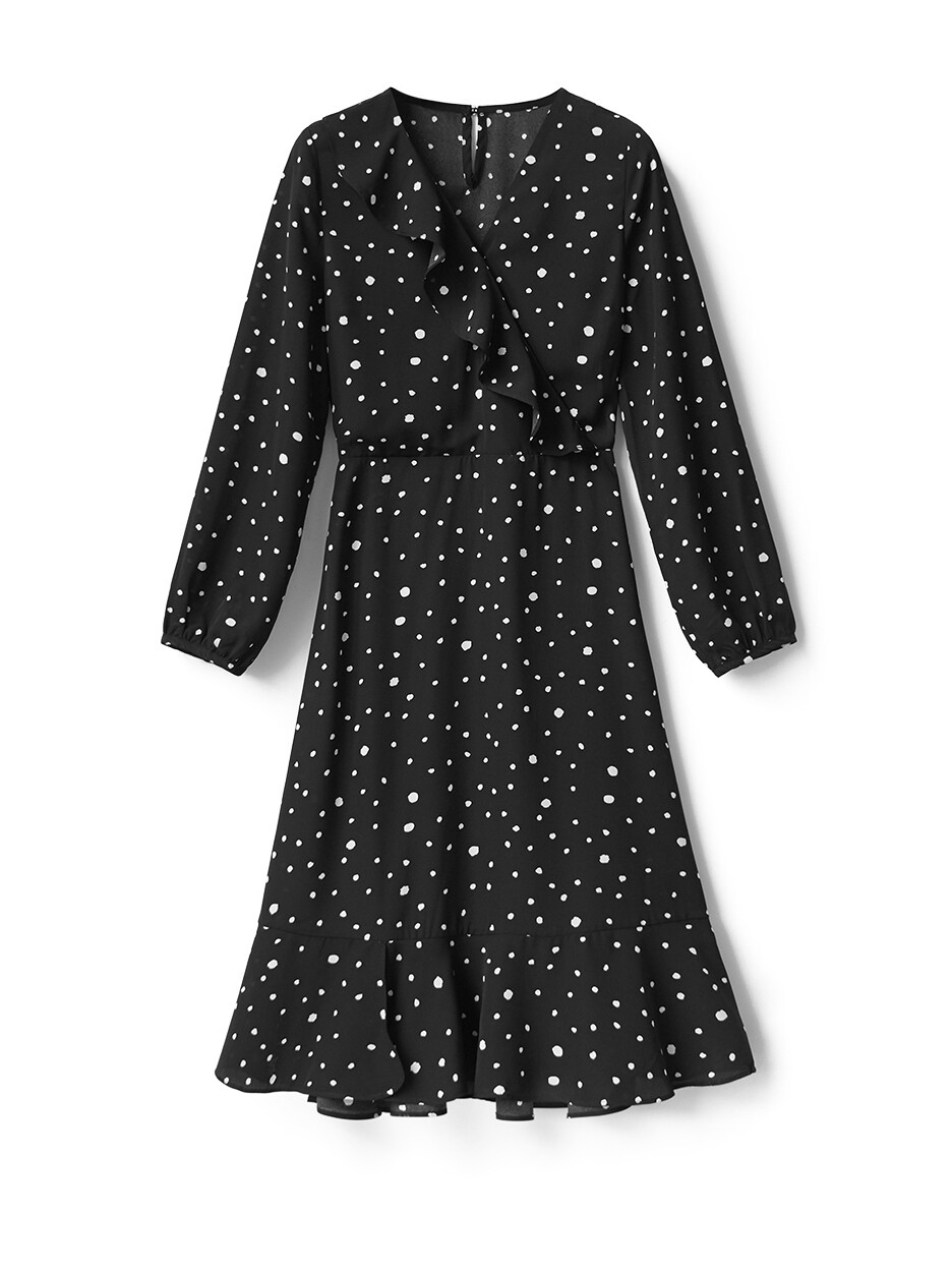 花栗鼠小姐 2018初秋新款内搭不规则波点长袖打底黑色雪纺连衣裙