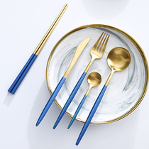 304 stainless steel mesh red knife and fork spoon household Western tableware four or five sets Nordic steak knife fork gift box