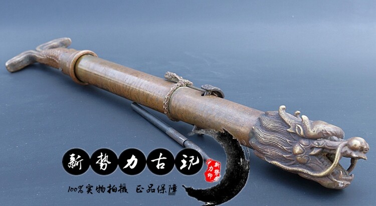 古玩杂项大号纯铜袖箭老兵器龙头兵器老铜袖箭长42公分收藏价值高