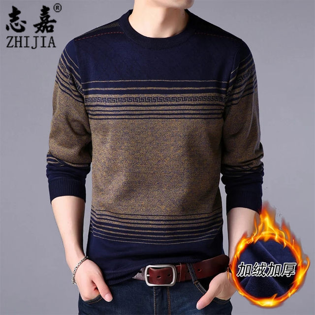 Zhijia men's new knit sweater plus velvet thick sweater round neck pullover casual fashion dad outfit bottoming shirt tide Zhijia men's new knit sweater plus velvet thick sweater round neck pullover casual fashion dad outfit bottoming shirt tide