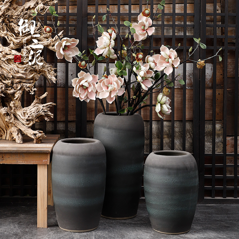 Coarse pottery vase zen landing flowerpot Chinese style restoring ancient ways of modern pottery sitting room adornment is placed large caliber dried flowers