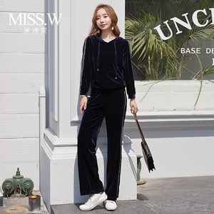 时尚套装女2019秋季新款韩版修身百搭两件套金丝绒休闲运动套装