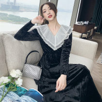 FENING MAJE2020 Autumn Winter New V-neck lady velvet vintage Platycodon black dress base skirt