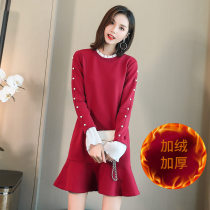 FENING MAJE autumn and winter Korean version of loose ruffles stitching sweater dress red plus velvet long sleeve dress women