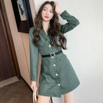 FENING MAJE 2020 autumn and winter Net red same waist slim plaid suit skirt Korean long sleeve dress