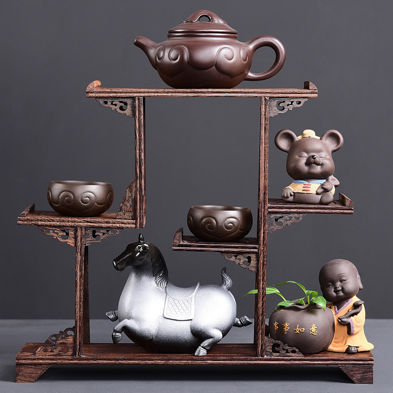 Tao blessing wenge rich ancient frame wood treasure cabinet ceramic tea pot - shelf furnishing articles display shelf