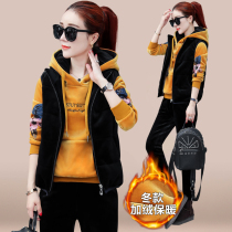 Plus velvet sportswear set womens autumn and winter 2021 new gold silk double-sided velvet long sleeve sweater thick three-piece set