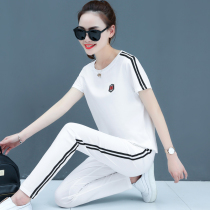 Sports set women summer 2021 New Fashion white short sleeve sweater trousers casual wear loose T-shirt two-piece set