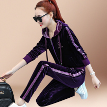 Golden silk velvet suit women spring and autumn 2021 new fashion hooded sportswear casual two-piece foreign gas