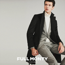 Full Monty Men's Business Slim Wool Coat Flat Collar Single Breasted Mid Length Cashmere Coat